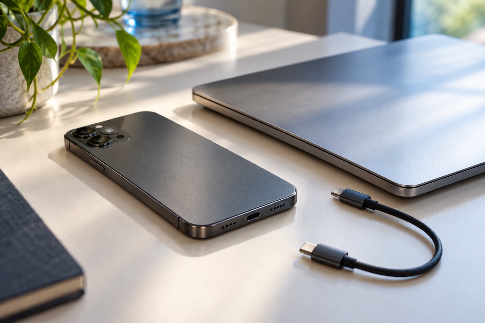 桌面上的手机、笔记本电脑与USB-C连接线
